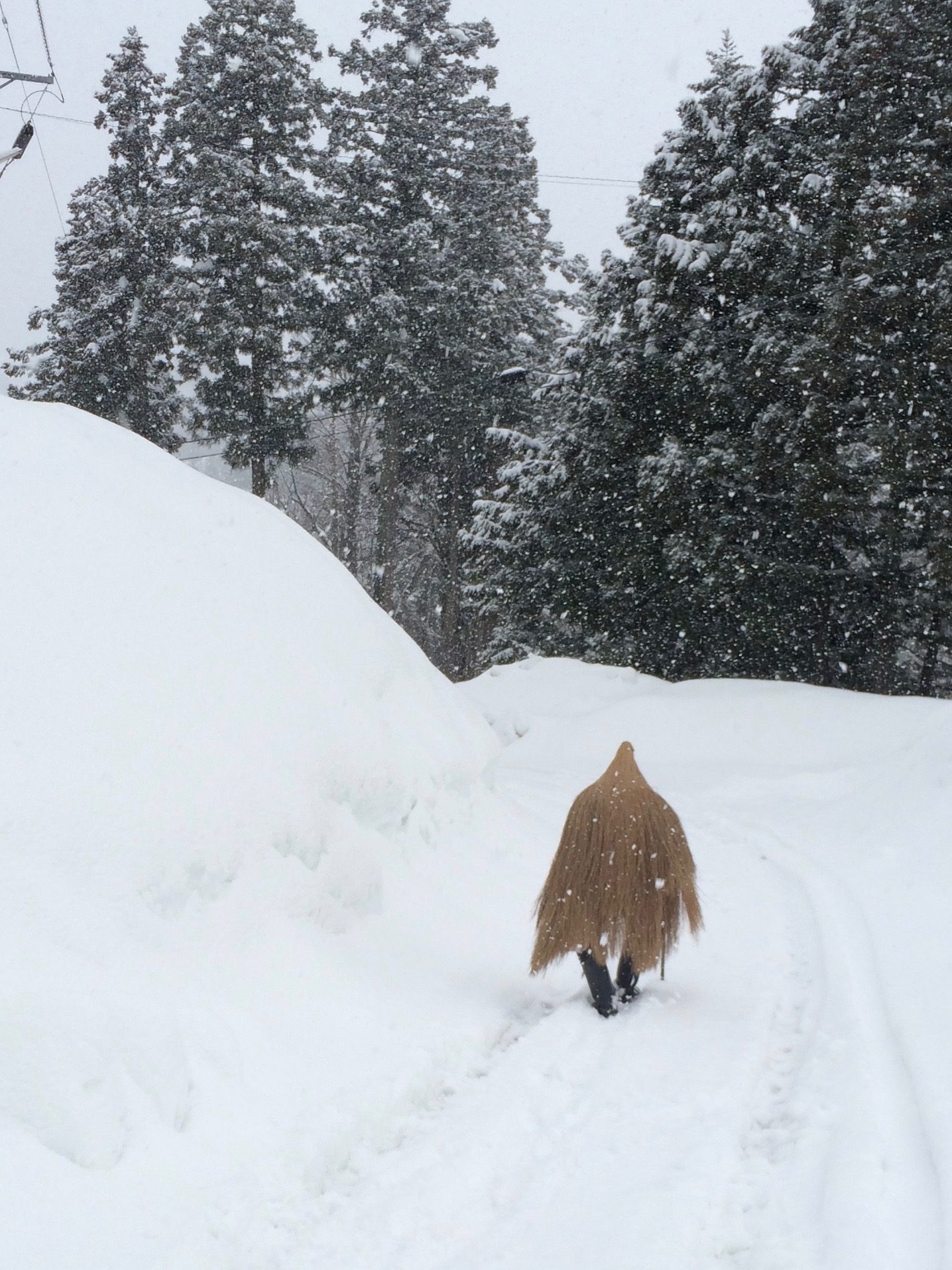 深い雪の道を歩く人の後ろ姿